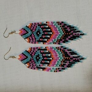 Handmade beaded neon earrings with fringe